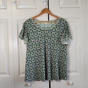 Max Studio Womens Green Top Size 1X Leaf Pattern Flutter Sleeves Boho Cottage